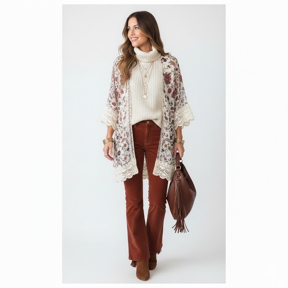 mason & belle Sweaters - Mason & Belle Kimono Cardigan Medium Floral Crochet Lace Trim Boho Open Front